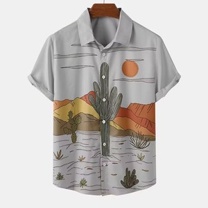 เสื้อเชิ้ตพิมพ์ลายทะเลทรายกระบองเพชรสำหรับผู้ชาย แฟชั่นลำลอง เสื้อชายหาด รีสอร์ท ฤดูร้อน ลายภูมิทัศน์ธรรมชาติ ผ้าโพลีเอสเตอร์ระบายอากาศได้ดี ทอลาย - Product Image 4