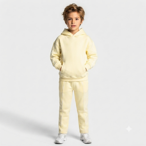 Custom Contrastline Yellow <b>Oversized</b> Kids Boys Tracksuit Set Cotton Fleece Hoodie & Wide Leg <b>Sweatpants</b> OEM & ODM Manufacturer - Product Image 1