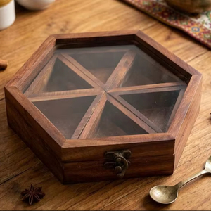 Hand Crafted Hexagon Wooden Spice <b>Box</b> with Glass Lid | Handmade Masala Organizer, Rustic Kitchen Storage With Brass Spoon - Product Image 1