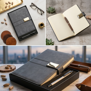 Aurelux Dark Grey PU Leather Case Bound A5 Multicolor Notebook <b>with</b> Pen for Office Use Custom Logo Executive Corporate Gift - Product Image 4