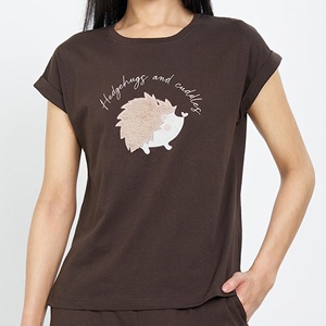 Camiseta de Algodón y Viscosa para Mujer, 180 GSM, con Gráfico de Erizo, Manga con Puño Enrollado, Color Marrón, Fabricante de Ropa - Product Image 4