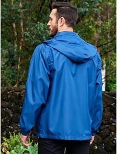 Blue Hooded Windbreaker <b>Jacket</b> Full Sleeve Zipper Closure Waterproof Casual Solid Color Regular Length Outerwear - Product Image 3