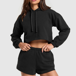 Women's 2 Piece <b>Shorts</b> Set Hooded <b>Crop</b> <b>Top</b> with Pocket Solid Black Casual Wear Winter Fleece Material Waterproof - Product Image 1