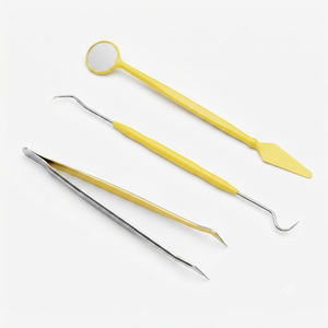Ensemble d'instruments chirurgicaux dentaires : miroir, sonde, pince à épiler, manche moleté argenté, Classe I - Product Image 1