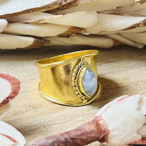 Fashionable Boho Bohemian Wedding <b>Statement</b> <b>Rings</b> Tribal Brass Jewelry Women 18k Gold Plated Wide Moonstone Band Wholesale OEM - Product Image 3