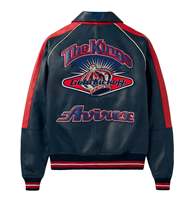 Chaqueta Varsity de Cuero Azul Marino para Hombre Avirex con Detalles Rojos, Logotipo Bordado, Cierre Frontal con Cremallera, Símbolo de Energía Lime, Impermeable para Invierno
