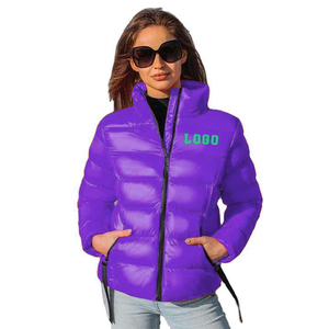 Women Quilted Jacket Purple Stand Collar Full Sleeve Solid Color Logo Front <b>Zipper</b> Closure Waterproof Lightweight Winter Wear - Product Image 1