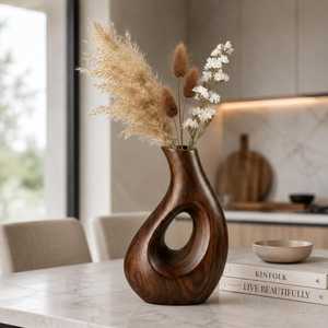 Modern Wooden Tabletop <b>Vase</b> with <b>Unique</b> Hole Design Entryway Teak Handmade Decorative <b>Vase</b> for Home Garden Dried Flowers Decor - Product Image 6