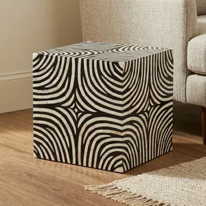 Mesa Auxiliar de Madera Hecha a Mano con Incrustaciones de Hueso, Patrón Concéntrico Blanco y Negro, Mueble Decorativo para Sala de Estar - Product Image 6