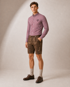 ชุดเสื้อเชิ้ตลายสก็อตพร้อมกางเกงหนังสีน้ำตาลแบบ Lederhosen สำหรับผู้ชาย สไตล์เยอรมันแบบดั้งเดิมสำหรับเทศกาล Oktoberfest ของบาวาเรีย - Product Image 4
