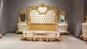 Juego de Dormitorio de Lujo en Madera de Teca Sólida Color Blanco Dorado, Cama Queen/King Size, Armario, Mesitas de Noche Ornamentadas, Tocador con Espejo, Estilo Villa - Product Image 4