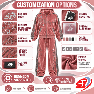 Premium Rose Smoke Royalty 280 GSM Velour <b>Velvet</b> Rhinestone Crystal Tracksuit Hoodie and Baggy Pants OEM Streetwear <b>Jogger</b> - Product Image 5