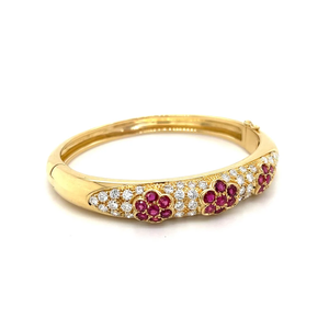Women's 10K Gold Plated <b>Ruby</b> Flower Bangle With Round Brilliant Cut Diamond Channel Setting Classic Style <b>Bracelet</b> - Product Image 1