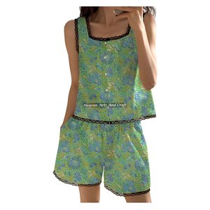 Pijama de algodón 100% puro indio para mujer, conjunto de pijama con encaje y pantalones cortos, conjunto de pijama sin mangas con estampado floral para primavera/verano, estampado a bloques. - Product Image 4
