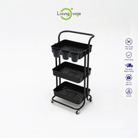 Chariot roulant OEM moderne à 3 niveaux en acier au carbone noir, facilement assemblable, amovible, pliable, avec accroches pour cuisine et salle de bain