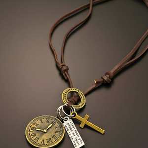 Gold Plated Stainless Steel <b>Cross</b> Number Pendant with Adjustable Leather Rope for <b>Men</b> and Boys - Product Image 2