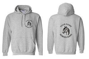 Sweat à capuche unisexe noir avec motif de cavalier sautant, nom personnalisé du cavalier et du cheval imprimé devant et derrière, coupe décontractée, coton French Terry - Product Image 5