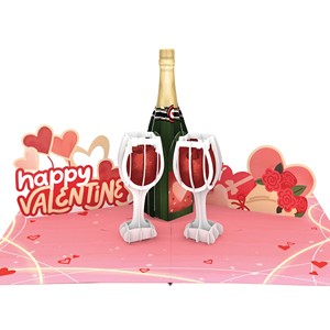 Carte de vœux 3D pop-up Champagne Saint-Valentin, faite à la main, cadeau artisanal en papier pour couple - Product Image 1