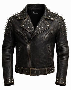 Blouson de moto punk rock pour homme en cuir véritable respirant, fait main, style urbain, matelassé, col montant, vente en gros - Product Image 1