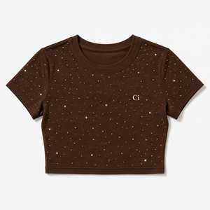 T-shirt court marron scintillant personnalisé orné de strass pour femme, coupe ajustée, manches courtes, col rond, style Baby Tee, haut de luxe glamour OEM en gros - Product Image 3