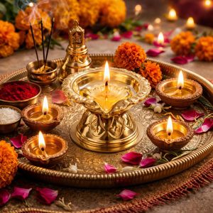 Diya en cuivre avec motif floral décoratif, lampe à huile traditionnelle pour la Puja, décoration pour la maison et les cultes - Product Image 2