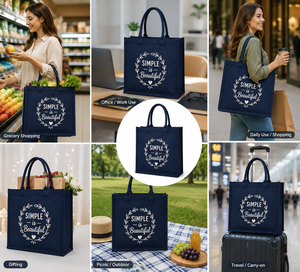 Simple Is Beautiful Jute Tote <b>Bag</b> Navy Blue Zipper Closure Hand Length Handle <b>Medium</b> <b>Size</b> Shopping <b>Bag</b> - Product Image 4