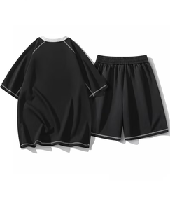 Men Solid Black Crew Neck T-Shirt Set Knitted Breathable Polyester/Cotton Quick Dry Short Sleeve Casual Summer Shorts Outfit - Product Image 2