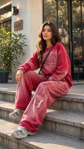 Conjunto Deportivo 2 en 1 para Mujer Peaceetik, Invierno, Lavado Ácido, Cuello Alto, Manga Larga, Estampado de Letras, Pantalones Deportivos Holgados con Cierre - Product Image 3