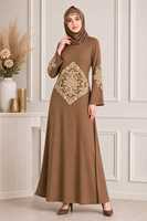 Kahverengi Düz İşlemeli Polyester Tesettür Bol Abaya Elbise Uzun Kollu Maksi Müslüman Günlük Kullanım İçin Cepli Elbise
