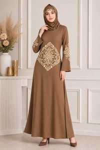 Abaya Hijab ample et modeste en polyester brodé marron uni, robe longue à manches longues pour femme musulmane avec poche pour un usage quotidien - Product Image 4