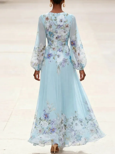 Vestido Maxi de Gasa Azul Cielo Etéreo con Estampado Floral, Mangas Abullonadas y Escote en V Profundo, Elegante Vestido de Noche Estilo Boho-Chic con Corte en A - Product Image 4