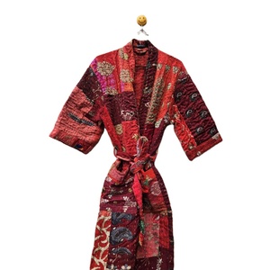 수제 인도 빈티지 실크 칸사 Khambhadiya 기모노 로브 겨울을 위한 복잡한 상세 자수 웨어러블 아트 - Product Image 1