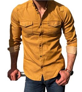 Chemise en jean vert olive pour homme, manches longues, col rabattu, couleur unie, coupe ajustée, style décontracté, tissée - Product Image 5