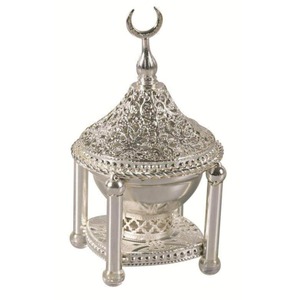 <b>Silver</b> Metal Filigree Incense <b>Burner</b> with Crescent Moon Top Handmade Indian Religious Censer - Product Image 6