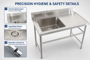 Unidad de Fregadero Resistente a Químicos con Acabado Reforzado y Embalaje en Cartón, Zona de Preparación para <span class=keywords><strong>Catering</strong></span>, <span class=keywords><strong>Empresa</strong></span> Comercial - Product Image 3