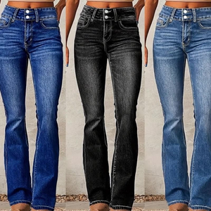 Jeans en denim pour femme, taille mi-haute, coupe large, longueur intégrale, délavage moyen, couleur unie, style décontracté, respirant, pour le printemps - Product Image 2