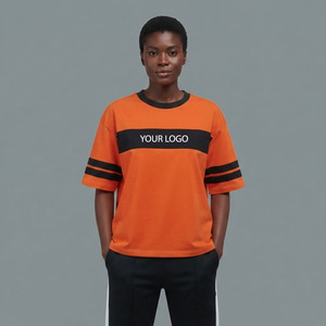 T-shirt décontracté à manches courtes et col rond pour femme, coupe ample, bicolore, taille US, avec logo personnalisé, en tissu jersey, style streetwear, coupe régulière - Product Image 5