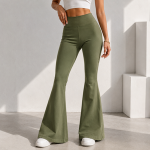 Women Green Mid Waist Flare <b>Pants</b> Full Length Terry Knitted Lace Casual Solid Color Elastic Waist Regular Fit Autumn Wear - Product Image 2