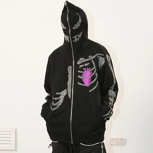 Sudadera con capucha negra con cremallera completa y diseño de esqueleto, con pedrería, estilo gótico oversize, streetwear, Y2K, punk - Product Image 2