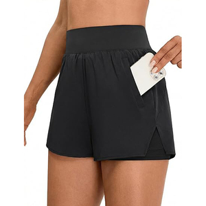 Shorts de sport classiques noirs 2 en 1 pour femmes, en polyester, taille haute, avec poche pour téléphone, bas de sport athlétiques - Product Image 1