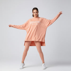 เสื้อทูนิคออกกำลังกายผ้าเจอร์ซีย์ระบายอากาศเป็นมิตรกับสิ่งแวดล้อม แขนยาว ทรงหลวม ชายเสื้อสูงต่ำ สำหรับผู้หญิง เหมาะสำหรับเล่นกีฬา ยิม โยคะ - Product Image 1