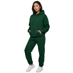 Ensemble de survêtement pour homme vert foncé à capuche, coupe ample, couleur unie, en coton, sweat-shirt et pantalon décontractés avec poches latérales - Product Image 2