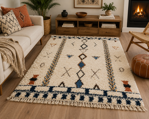 Tapis marocain en laine fait main, noué à la main, style berbère, géométrique, tribal, shaggy, tapis d'intérieur, décoration bohème - Product Image 1