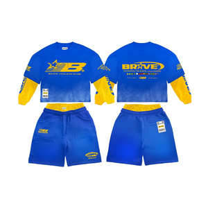 Conjunto de Camiseta con Capucha de Manga Larga y Pantalones Cortos para Hombre, Corte Regular, Azul y Amarillo, Estilo Urbano, Transpirable, 100% Algodón, para Invierno - Product Image 1