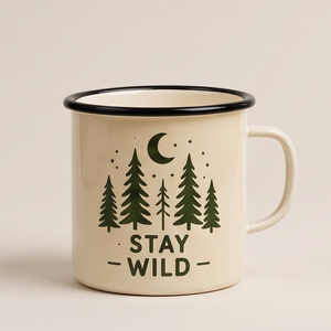 Off White Cream Iron Enamel Mug Designed for Forest Explorers and Adventure Brand Retailers Featuring Dark Green Pine Trees - Product Image 3