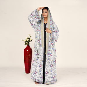Abaya Abierta de Chifón Estampado con Pañuelo a Juego, Vestido Islámico Modesto de Manga Larga para Mujer, Estilo Árabe Contemporáneo - Product Image 5