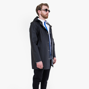 <b>Men's</b> Long Waterproof Hooded Raincoat <b>Black</b> Button Front Solid Color Outdoor Wear Regular Fit Polyester Shell <b>Jacket</b> - Product Image 2