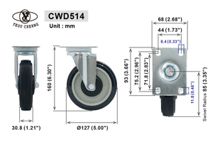 Roue en TPU de 5 pouces pour équipement industriel, capacité 120 kg, bleu et gris, directement de l'usine Yeou Cherng - Product Image 2