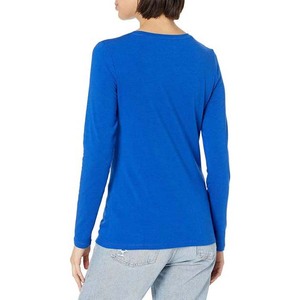 Wholesale 100% Cotton Women's Solid Blue Long Sleeve O-Neck Knitted T-<b>Shirt</b> Regular Fit Casual Wear All Seasons - Product Image 2