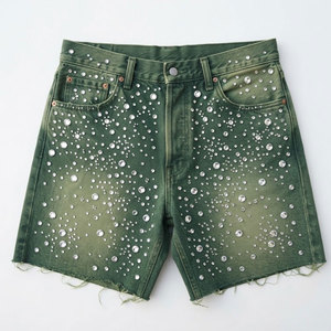 Shorts d'été décontractés pour hommes en toile épaisse 100 % coton, délavés, avec strass, effet soleil, couleur unie, séchage rapide, style streetwear, qualité supérieure - Product Image 1